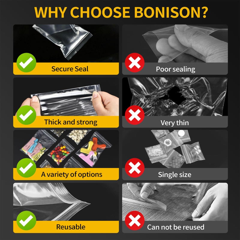 Bonison 600 Pack Mini Zipper Lock Plastic Bags, Assorted Sizes (1.5x2, 2x2, 2x3, 3x3, 3x4, 3x5 Inch) â€“ Clear, Resealable Storage Bags for Jewelry, Beads, Pills, Toys, Snacks â€“ 2 Mil Thick - Image 4